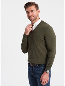 Ombre Clothing Pánsky sveter s véčkovým výstrihom a košeľovým golierom - tmavo olivovo zelený V5 OM-SWSW-0102