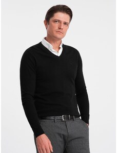 Ombre Clothing Pánsky sveter s výstrihom do V a košeľovým golierom - čierny V1 OM-SWSW-0102