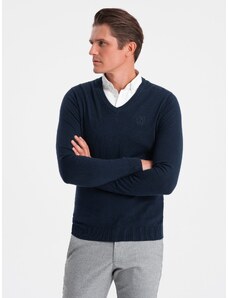 Ombre Clothing Pánsky sveter s výstrihom do V a košeľovým golierom - tmavomodrý V2 OM-SWSW-0102
