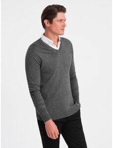 Ombre Clothing Pánsky sveter s výstrihom do V a košeľovým golierom - grafitový V3 OM-SWSW-0102