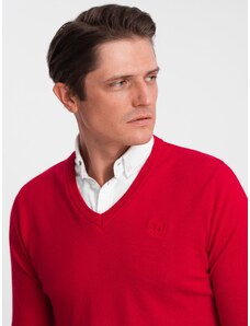 Ombre Clothing Pánsky sveter s výstrihom do V a košeľovým golierom - červený V4 OM-SWSW-0102