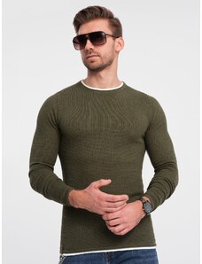 Ombre Clothing Pánsky bavlnený sveter s okrúhlym výstrihom - tmavo olivový V7 OM-SWSW-0103