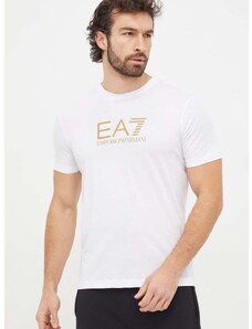 Bavlnené tričko EA7 Emporio Armani pánsky, biela farba, s potlačou