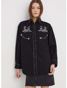 Rifľová košeľa HUGO dámska,čierna farba,voľný strih,s klasickým golierom,50506845