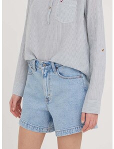Rifľové krátke nohavice Abercrombie & Fitch dámske, jednofarebné, vysoký pás