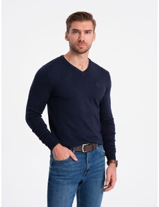 Ombre Clothing Klasický tmavo modrý sveter s véčkovým výstrihom V22 SWBS-0107