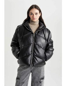 DEFACTO Regular Fit Faux Leather Puffer Jacket