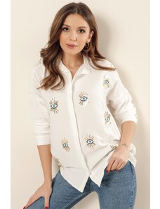 By Saygı Sequin Embroidered Eye Pattern Crepe Linen Shirt Cream