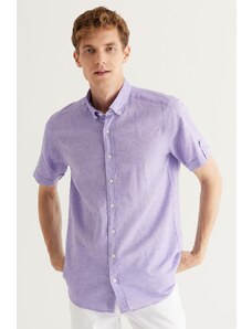 AC&Co / Altınyıldız Classics Men's Lilac Slim Fit Slim Fit Buttoned Collar Short Sleeved Linen Shirt.