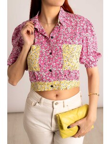 armonika Women's Pink Crop Shirt with Elastic Sleeves, Pocket and Back Detail