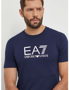 Bavlnené tričko EA7 Emporio Armani pánsky, tmavomodrá farba, s nášivkou