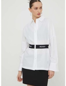 Košeľa HUGO dámska, biela farba, voľný strih, s klasickým golierom, 50506904