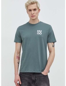 Bavlnené tričko HUGO pánske,zelená farba,s potlačou,50508944