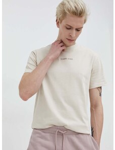 Bavlnené tričko Tommy Jeans pánsky, béžová farba, s nášivkou, DM0DM18266