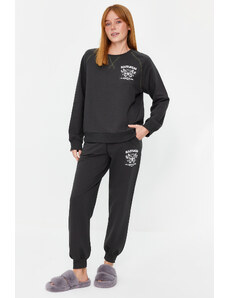 Trendyol Anthracite Cotton Printed Sweatshirt-Jogger Knitted Pajamas Set