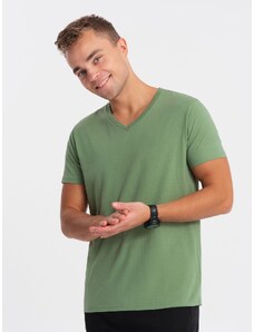 Ombre Clothing Klasické bavlnené pánske tričko BASIC s výstrihom do V - zelená V10 OM-TSBS-0145