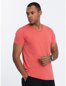 Ombre Clothing Klasické bavlnené pánske tričko BASIC s výstrihom do V - ružová V12 OM-TSBS-0145