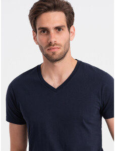 Ombre Clothing Klasické bavlnené pánske tričko BASIC s výstrihom do V - námornícka modrá V2 OM-TSBS-0145