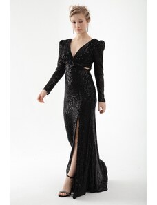 Lafaba Women's Black V-Neck Waist Decollete Sequined Long Evening Dress