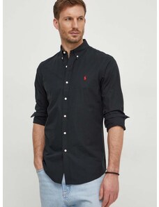 Košeľa Polo Ralph Lauren pánska, čierna farba, slim, s golierom button-down, 710928254