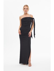 Carmen Black Sandy One Sleeve Slit Long Evening Dress