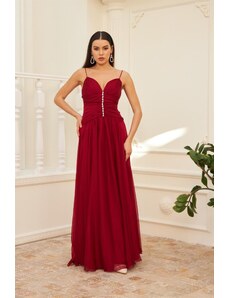 Carmen Burgundy Chiffon Strap Long Evening Dress and Invitation Dress with Stones on the Collar