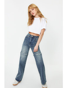Trendyol Dark Blue Detachable Zipper Detail High Waist Wide Leg Jeans