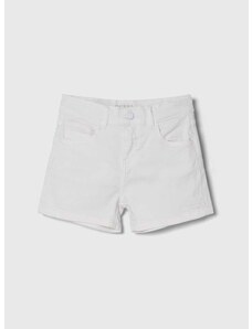 Detské rifľové krátke nohavice Guess biela farba, jednofarebné, nastaviteľný pás