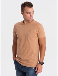 Ombre Clothing Pánske bavlnené tričko s vreckom - svetlohnedé V7 OM-TSPT-0154