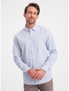 Ombre Clothing Pánske bavlnené tričko REGULAR FIT so zvislými pruhmi - modré a biele OM-SHOS-0155