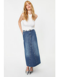 Trendyol Collection Modré detailné prešívanie s vysokým pásom, maxi džínsová sukňa