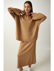 Happiness İstanbul Women Camel Polo Neck Stylish Knitwear Sweater Skirt Suit