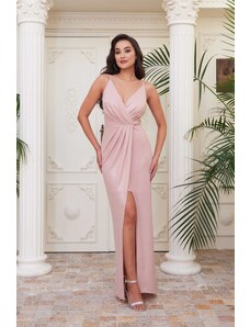 Carmen Salmon Lacquered Chiffon Double Breasted Evening Dress with a Slit