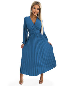 Pleated midi dress with a neckline, long sleeves and a wide Numoco belt
