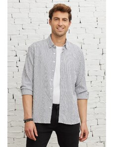 ALTINYILDIZ CLASSICS Men's White-black Slim Fit Slim Fit Hidden Button Collar Cotton Striped Shirt.