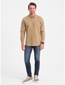 Ombre Clothing Pánske bavlnené tričko REGULAR FIT s vreckom - svetlohnedé V2 OM-SHOS-0153