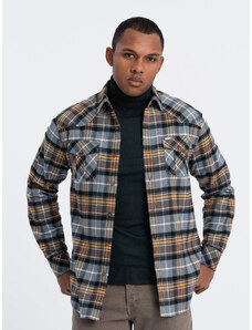 Ombre Men's checkered flannel shirt with pockets - gray-yellow