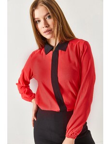 armonika Women's Coral Striped Shirt Collar With Elastic Sleeves