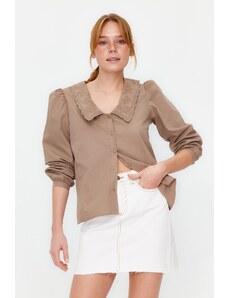 Trendyol Beige Collar Embroidered Cotton Woven Shirt