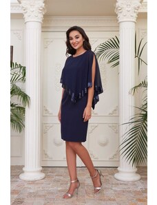 Carmen Navy Blue Crepe Sequined Plus Size Evening Dress