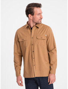 Ombre Clothing Pánska bavlnená košeľa REGULAR FIT s vreckami na gombíky - ťavia V2 OM-SHCS-0146