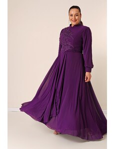 By Saygı Beaded Embroidered Lined Plus Size Long Chiffon Dress with Flounce on the Front