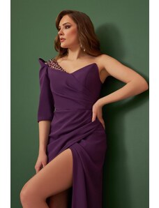 Carmen Plum Crepe One-Shoulder Long Evening Dress and Invitation Dress