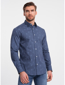 Ombre Clothing Klasická pánska bavlnená košeľa SLIM FIT s palmami - tmavomodrá V5 OM-SHCS-0156