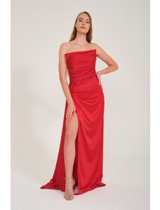 Carmen Red Slit Satin Evening Dress With Cat Ears Dress
