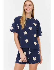 Trendyol Collection Námornícka modrá 100% bavlna Tričko so vzorom hviezdy-Šortky Pletené pyžamá Súprava
