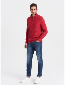 Ombre Clothing Pánsky pletený sveter s rozprestretým golierom - červený V8 OM-SWZS-0105