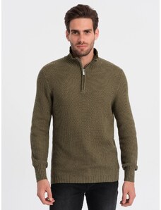 Ombre Clothing Pánsky pletený sveter so stojačikom - olivový V6 OM-SWZS-0105