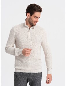 Ombre Clothing Pánsky pletený sveter s rozprestretým golierom - krémový V1 OM-SWZS-0105