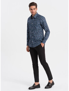 Ombre Clothing Pánske bavlnené tričko SLIM FIT so vzorom - tmavomodré V1 OM-SHCS-0151